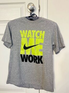 Nike Gray Short Sleeve Tee with Neon Yellow & Black "Watch Me Work" Graphic